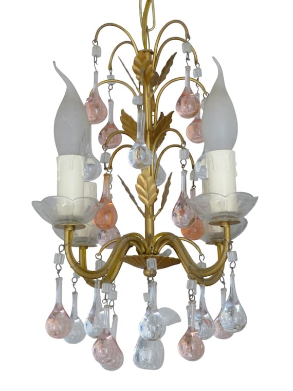 Vintage French Gilt Chandelier, Pink & Clear Glass Drops, 4-Light Complete, Cut Glass Bobeches, Romantic Lighting 23.6"H