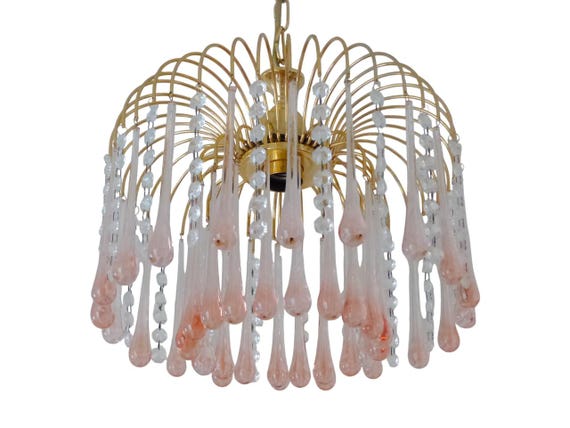 Vintage chandelier waterfall pink glass drops 1970 murano chrome venini ceiling.