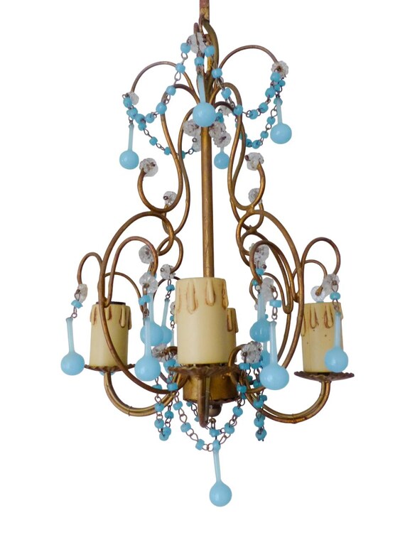 Vintage chandelier aqua blue drops opaline prisms beads italian gilded 1940