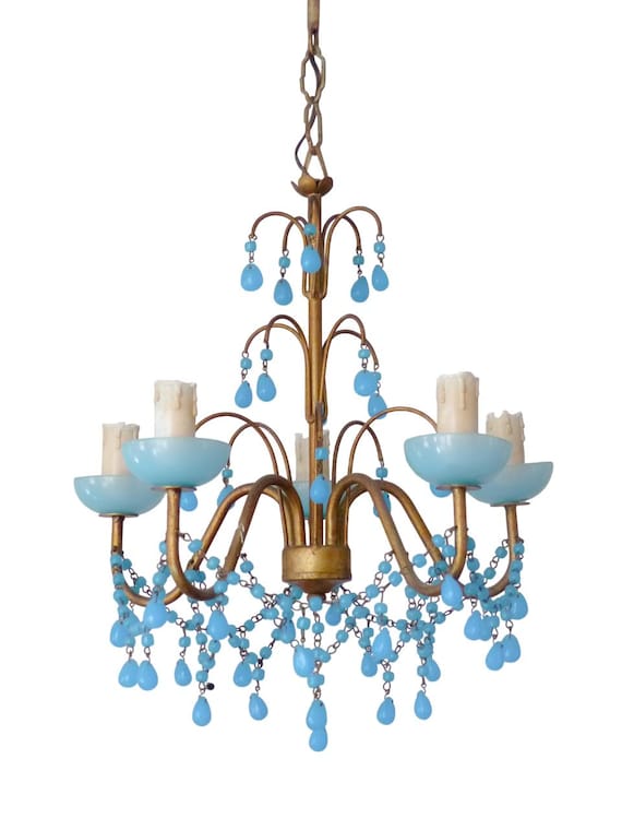 Gorgeous murano antique chandelier aqua blue opaline drops cup beads 1950