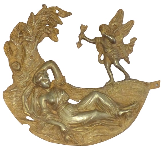 19th XL large antique French gilded bronze pediment hardware furniture salvage