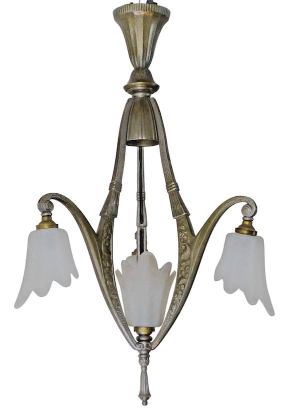 Vintage French Art Deco Chandelier, Nickel Bronze, Opalescent Glass Tulip Shades, 1930s Original, Frosted Glass Light Fixture 22.8"H