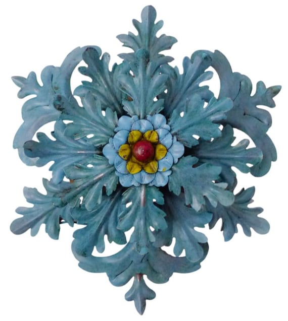 Vintage Italian Banci Painted Metal Flower Sconce, 6-Light Blue Grey, Soft Pastel Floral Wall or Ceiling Light 12.6"D