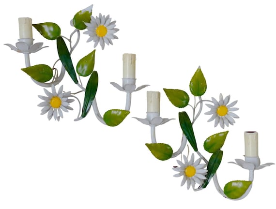 Charming florentine pair wall light enameled metal tole flowers italian 1980