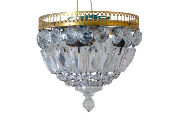 Gorgeous vintage French empire ceiling d: 8" gilded brass & crystal prisms 50's