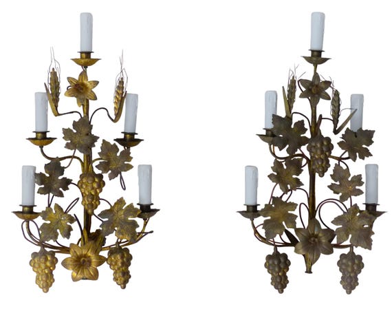 Antique pair gilded brass wall light sconces altar church with grapes vine 19th