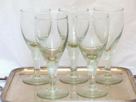 Huge 9" vintage antique wine glasses / set of 5x / late 19th blown glass 40oz