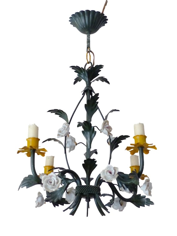 Gorgeous French vintage brass Louis XVI chandelier with porcelain flower and foliage design, 1960s