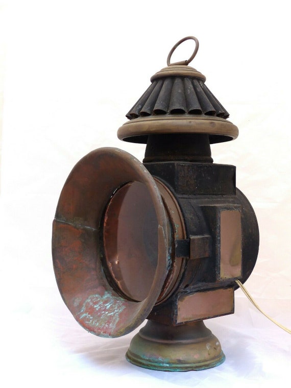 19th antique xl large train locomotive copper oil front lamp lantern headlight
