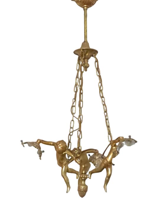 Vintage French 3-arm ormolu bronze & glass chandelier ceiling cherub putti