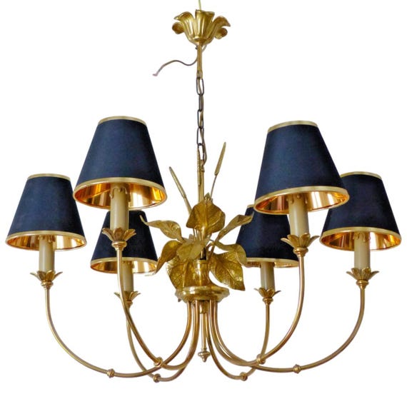 Vintage 1980s Brass Chandelier in the Style of Maison Charles, 6 Lights, Sculpted Leaves, Black & Gold Shades, Hollywood Regency Lighting