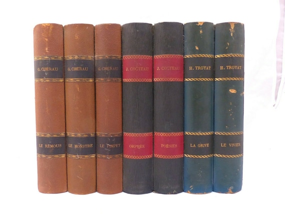 1930's antique French fake books leather wood decoration fake - #3