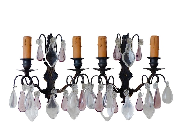 Charming 19th gorgeous pair wall light bronze & clear crystal drop sconces