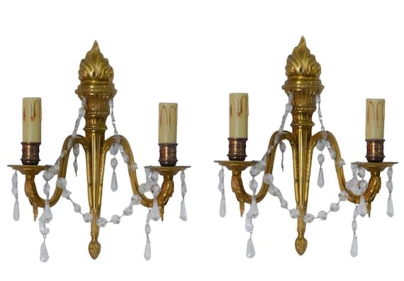 Antique pair French empire wall light sconce 2 lights torch gilded bronze 1950