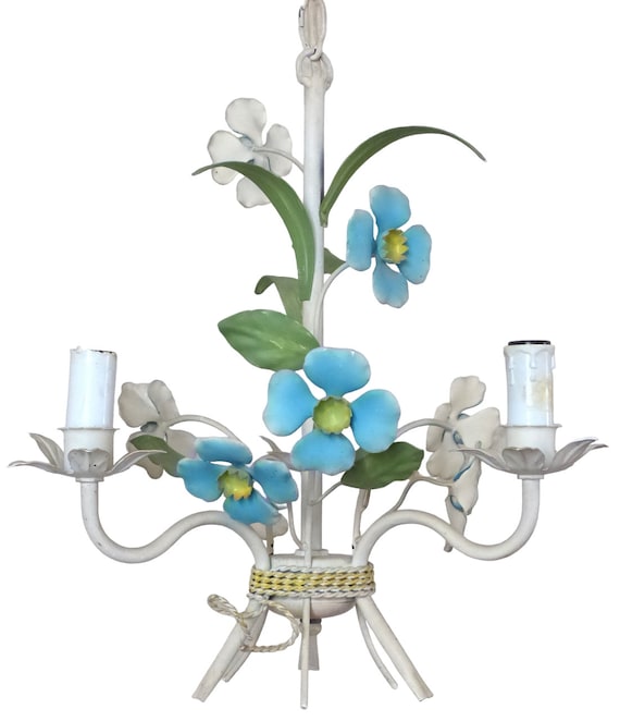 Charming Florentine chandelier painted metal tole flowers 60's italian ceiling