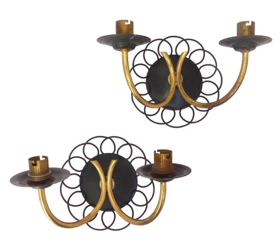 Gorgeous pair wall light sconces art deco france 1950 black metal brass