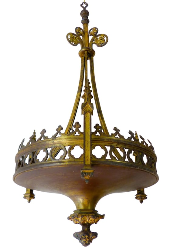 Antique 19th Century Gothic Revival Bronze Church Lantern, Gilt Brass Ecclesiastical Fixture, Cathedral Style, Architectural Antique 41"H
