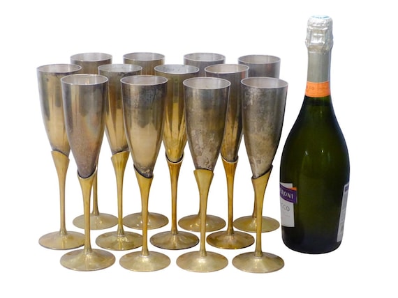 Charming set of x12 vintage champagne flutes brass & silverplated metal 9" used