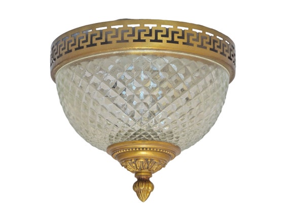 Gorgeous vintage French Empire ceiling light, 7.5" diameter, gilded bronze and glass, 1950s