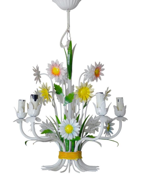 Charming Florentine chandelier painted metal tole flowers 80's italian ceiling