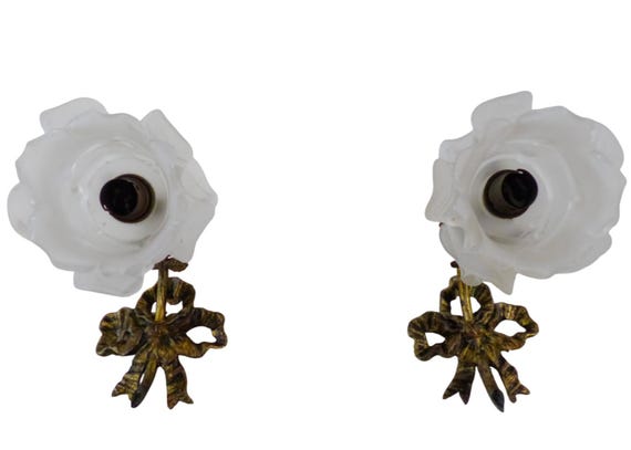 Pair of antique French gilt bronze wall sconces with glass shades, bow ribbons, Louis XVI style
