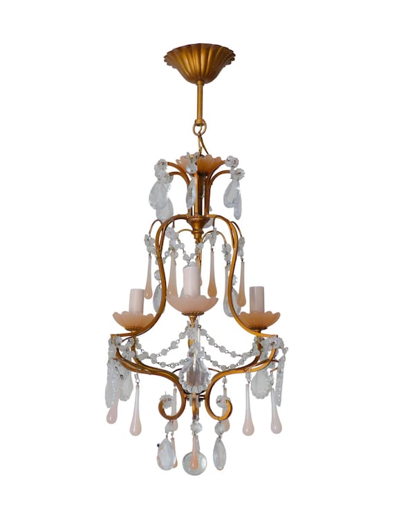 Vintage Italian Brass Chandelier, Pink Opaline & Crystal Prisms, 1930s, Small Romantic Chandelier, Vintage Italian Lighting 27.5"H