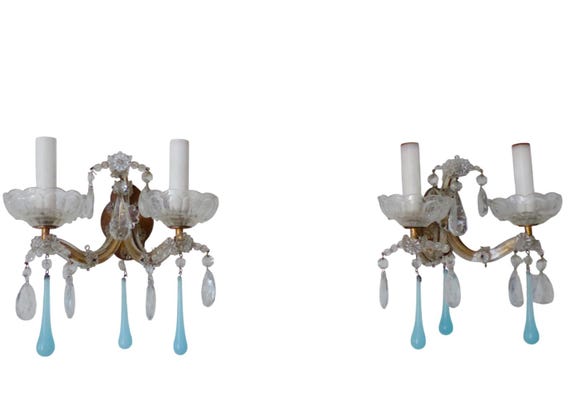 Pair Vintage Murano Crystal Wall Sconces, Blue Opaline Glass Drops, 2-Light Each, Romantic French Style Lighting