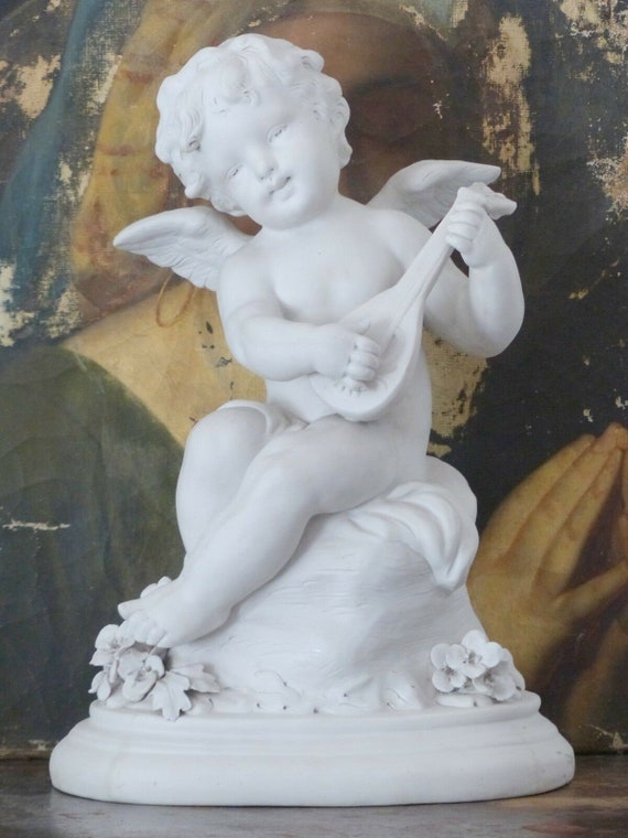 16" large antique original French porcelain biscuit putti signed Kinsburger, 19th century