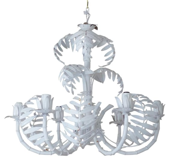 27" charming large faux bamboo palm leaf italian tole chandelier 1960's ceiling