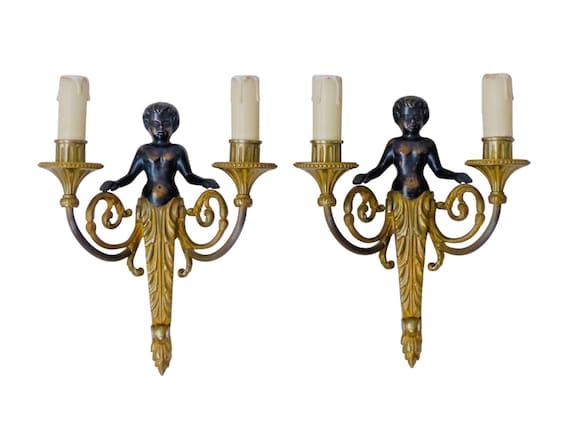 Pair of bronze cherub putti, wall sconce, gilt bronze, French Louis XVI style, vintage