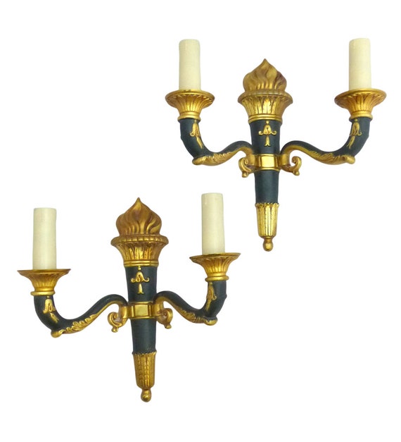 Antique pair French empire wall light sconce 2 lights torch gilded bronze 1930