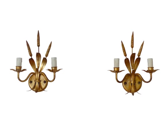 Pair Hans Kogl Attributed Gilt Metal Wheat Sheaf Wall Sconces, 2-Light Each, Hollywood Regency Botanical Lighting