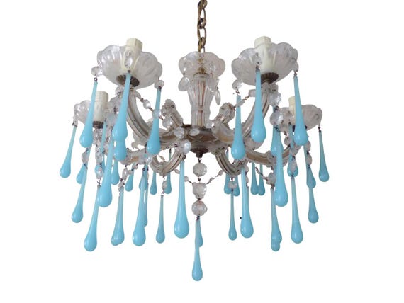 1950 vintage venetian chandelier aqua blue opaline drops murano 6 lights ceiling