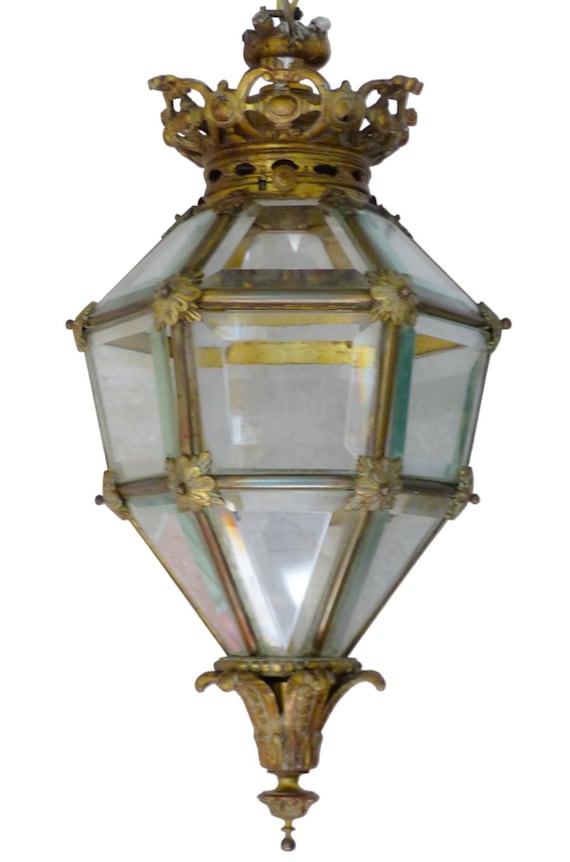 Large French Bronze & Beveled Crystal Lantern Chandelier – Antique Hall Pendant Light – Heavy Bronze Ceiling Lantern – Louis XVI Style