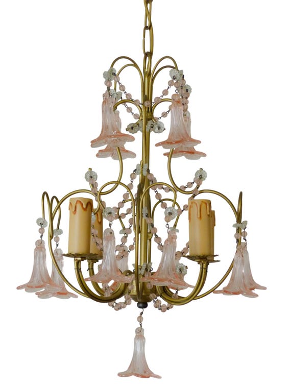 Vintage italian murano glass chandelier pink flower tassels gilt metal 70s