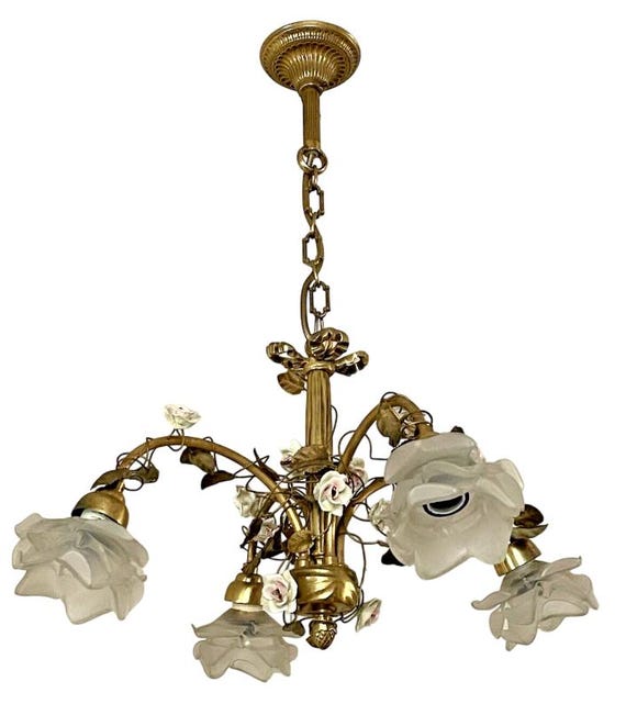Rare French antique bronze Louis XVI style porcelain chandelier with flowers and ribbon foliage
