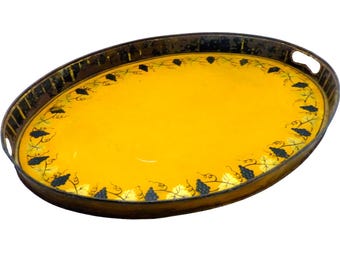 Antique 19th c. french victorian hand painted tole metal vine theme oval tray