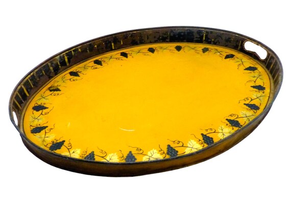 Antique 19th c. french victorian hand painted tole metal vine theme oval tray