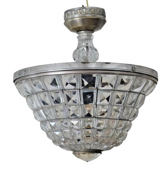 Antique French Art Deco Chandelier, Silvered Bronze & Crystal Basket, 1930s, Diamond Point Crystal, Geometric Lighting 12.6"H