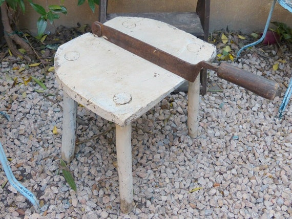 Large antique & rustic French table cutting board with iron chopper - painted