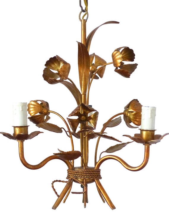 Hans kogl style gorgeous gilded chandelier roses ceiling 70's regency mid century