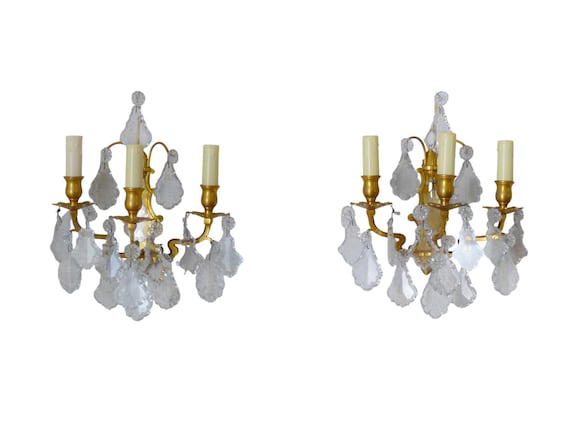 Baccarat 1920 gorgeous pair wall light clear crystal drop sconces 3 fires rare