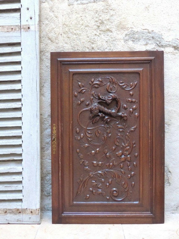 Large 33" antique french carved solid wood door panels gothic chimera salvage
