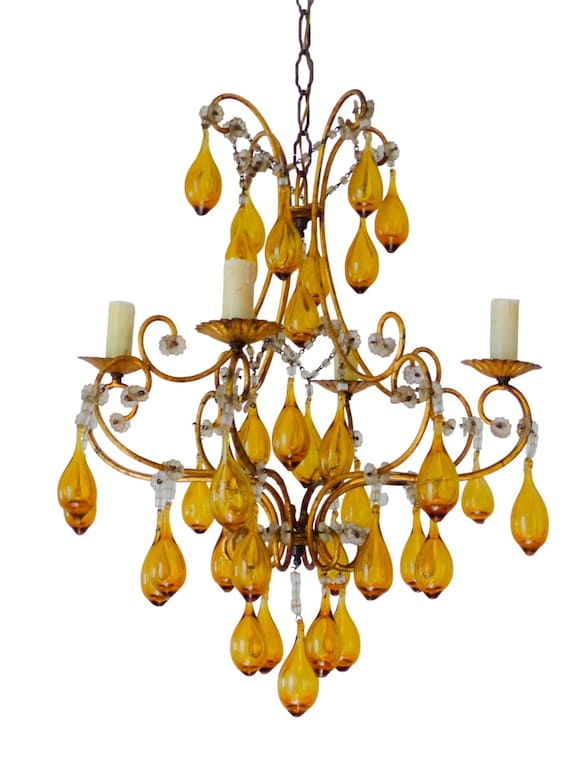 Rare Vintage Murano Amber Glass Drop Chandelier – Italian 4-Light Gold Gilt Metal Ceiling Light with Large Hand Blown Glass Pendants 1950s
