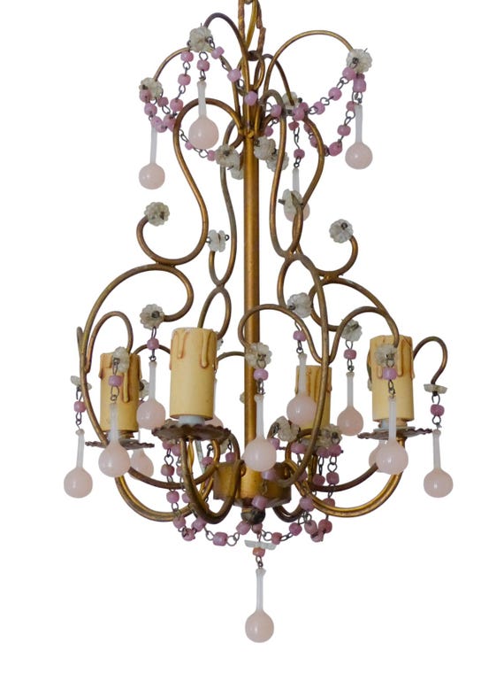 Vintage Gilt Cage Chandelier, Pink Opaline Glass Drops, Macaroni Beads, 4-Light Small Romantic Shabby Chic Lighting 23.6"H