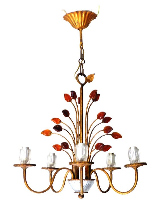 Banci firenze gorgeous mid-century gilt iron candlestick floral crystal 5 fires 2