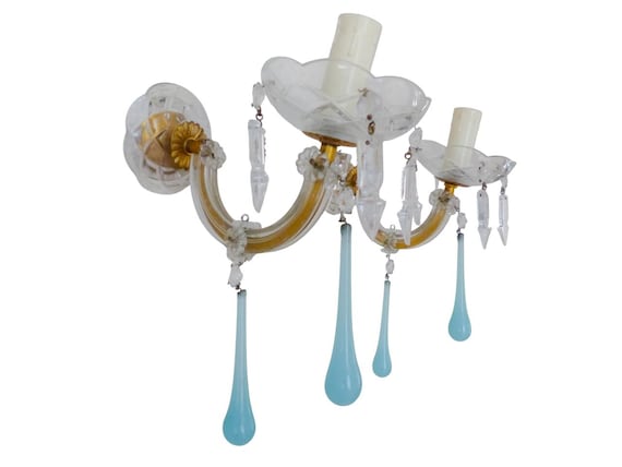 Vintage venetian pair wall light aqua blue opaline drops crystal prims 1960