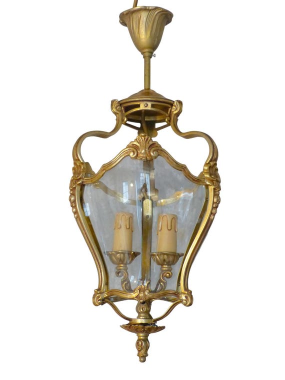 Charming vintage French lantern sconces gilded bronze rare curved glass