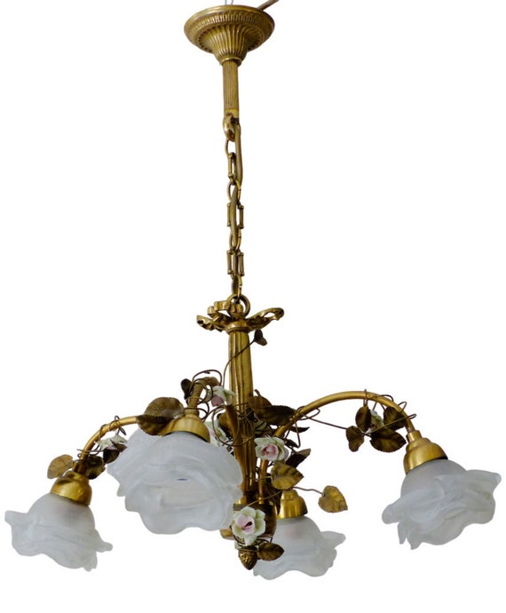 Antique French bronze chandelier, porcelain with pink roses and frosted white shades