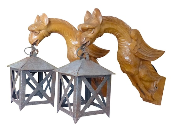 20th pair vintage french carved wood gothic chimera wall light sconce gargoye